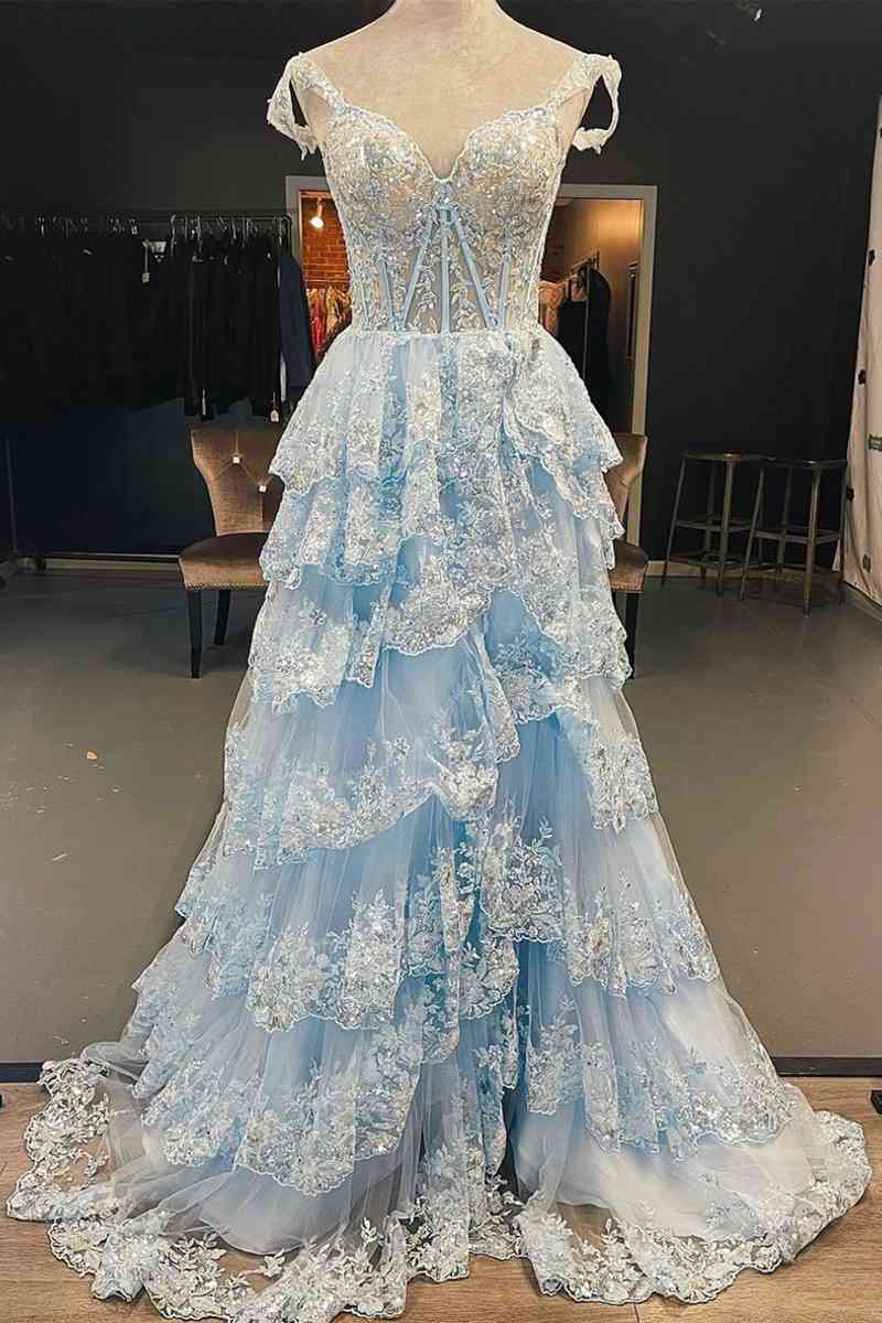 A Line Light Blue Lace Sweetheart Tiered Long Prom Dress with Slit