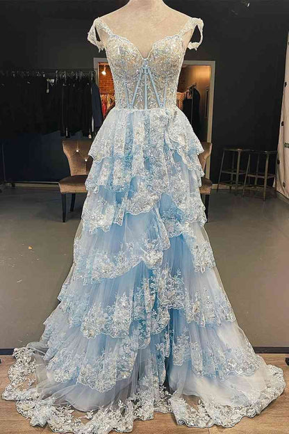 A Line Light Blue Lace Sweetheart Tiered Long Prom Dress with Slit