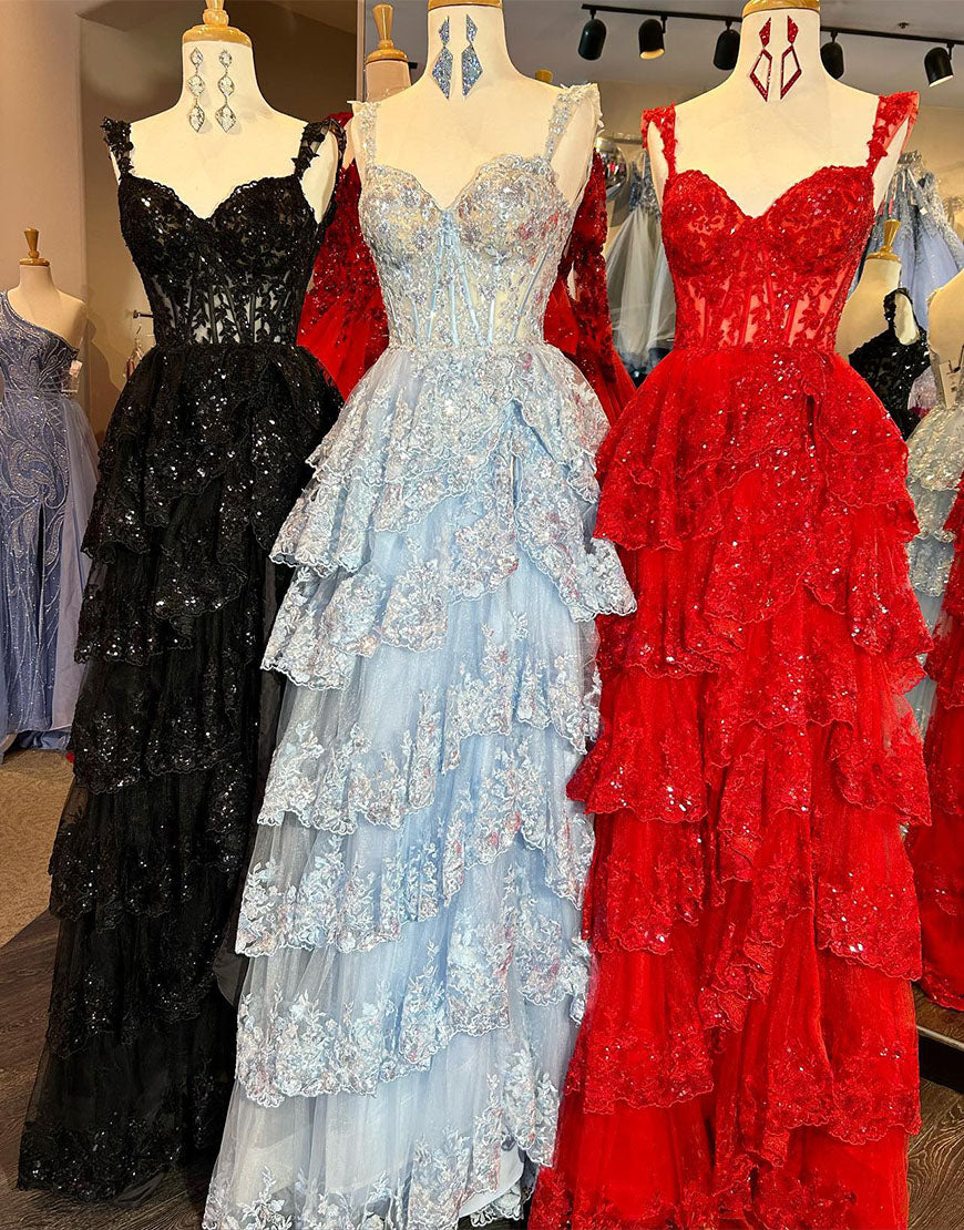 A Line Light Blue Lace Sweetheart Tiered Long Prom Dress with Slit