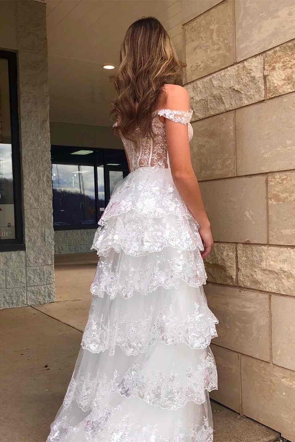 A Line Light Blue Lace Sweetheart Tiered Long Prom Dress with Slit