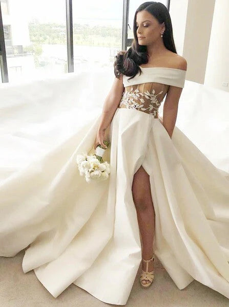 Vestidos de novia de satén con hombros descubiertos, cremallera y cola de corte A 