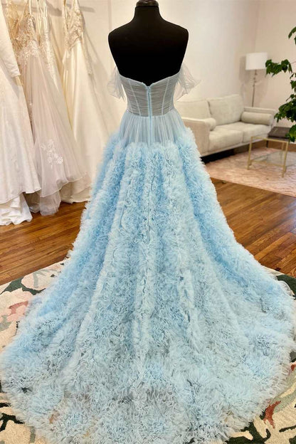 A-Line Off the Shoulder Tulle Princecss Prom Dress with Slit