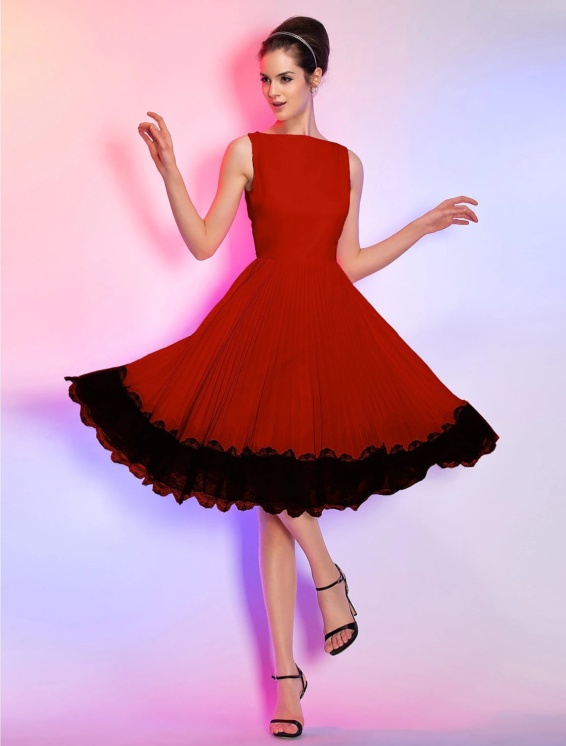 Pink A-line dress with lace, suitable for special occasions and parties.