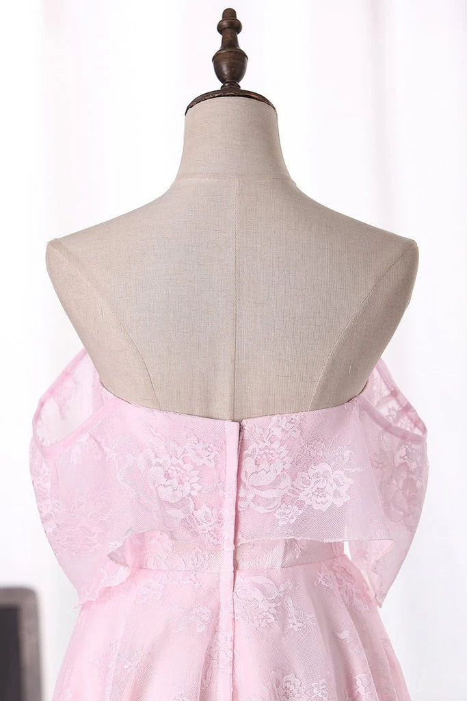 Vestidos de fiesta de bienvenida con escote en forma de A, de tul rosa, hombros descubiertos y escote corazón, por encima de la rodilla, con flores 