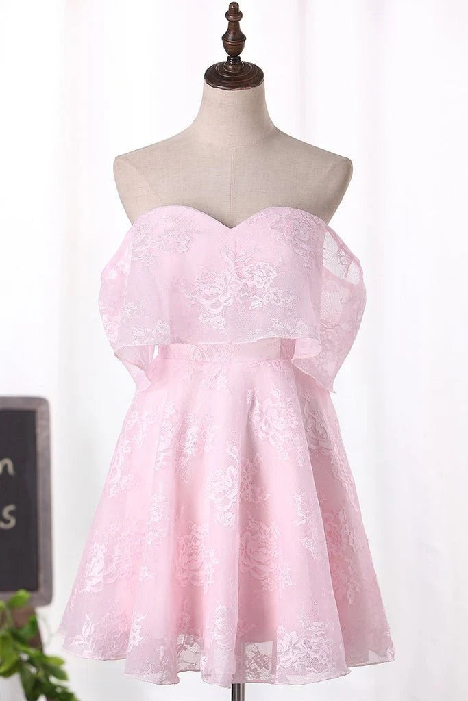 Vestidos de fiesta de bienvenida con escote en forma de A, de tul rosa, hombros descubiertos y escote corazón, por encima de la rodilla, con flores 