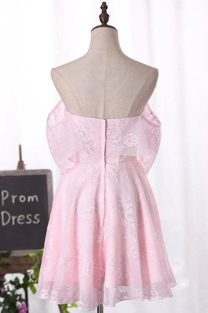 Vestidos de fiesta de bienvenida con escote en forma de A, de tul rosa, hombros descubiertos y escote corazón, por encima de la rodilla, con flores 
