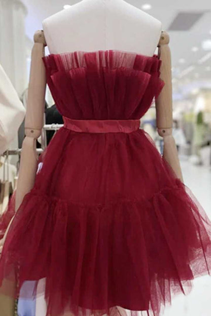 Vestido de cóctel de tul rosa por encima de la rodilla con lazo y corte en A 