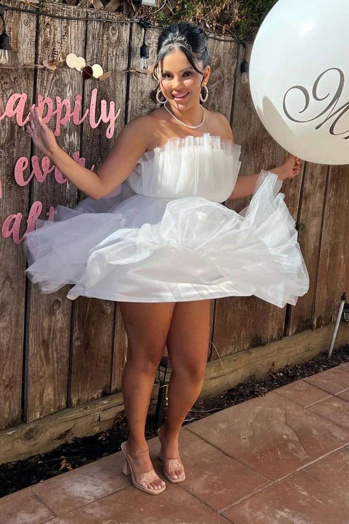 Vestido de cóctel de tul rosa por encima de la rodilla con lazo y corte en A 
