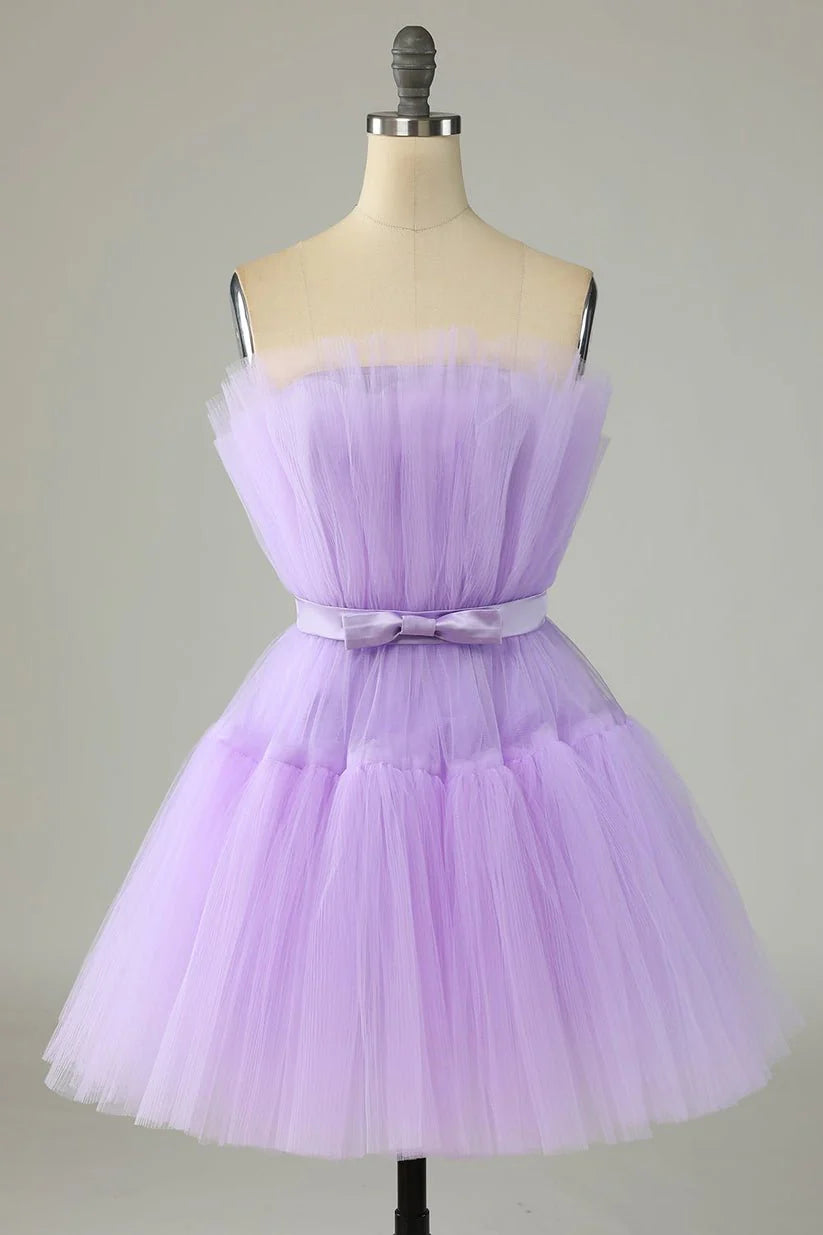 Vestido de cóctel de tul rosa por encima de la rodilla con lazo y corte en A 