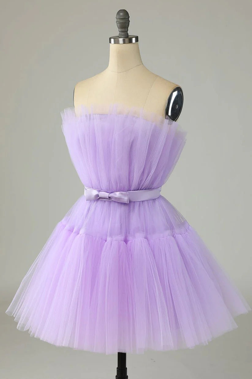 Vestido de cóctel de tul rosa por encima de la rodilla con lazo y corte en A 