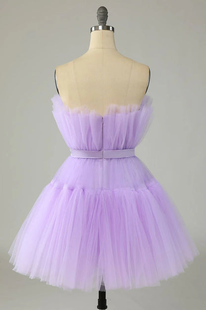 Vestido de cóctel de tul rosa por encima de la rodilla con lazo y corte en A 
