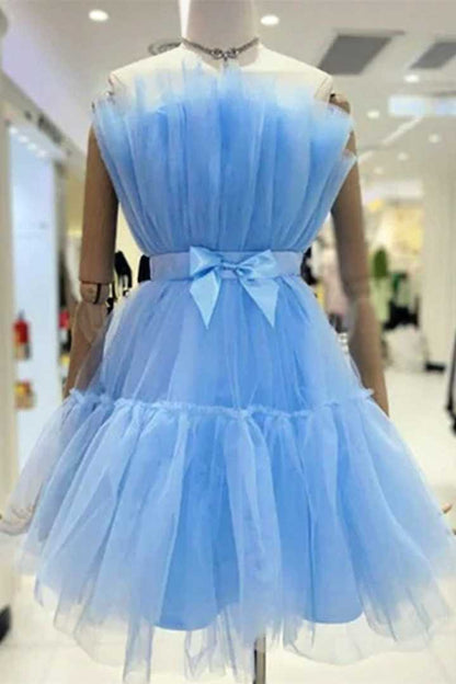Vestido de cóctel de tul rosa por encima de la rodilla con lazo y corte en A 