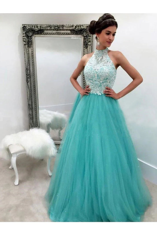 Vestidos de tul con encaje, sin mangas, corte princesa, halter y hasta el suelo
