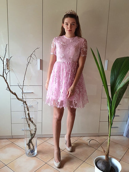 A-Line Princess short homecoming dress with sheer organza neckline and applique details.