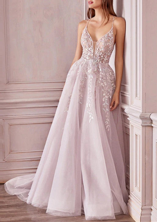 Vestidos de fiesta de tul con apliques, corte A/princesa, sin mangas, escote en V y largo hasta el suelo 