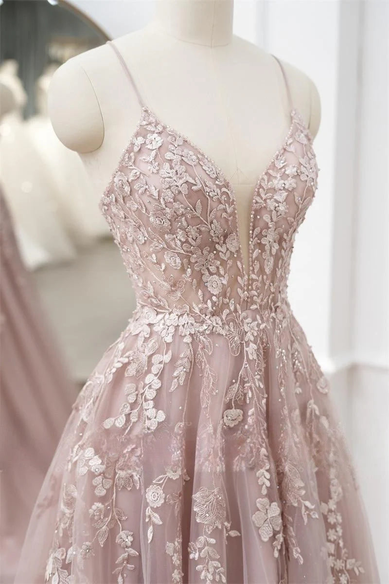 Vestidos de fiesta de tul con apliques, corte A/princesa, sin mangas, escote en V y largo hasta el suelo 