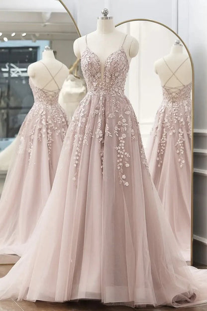 Vestidos de fiesta de tul con apliques, corte A/princesa, sin mangas, escote en V y largo hasta el suelo 
