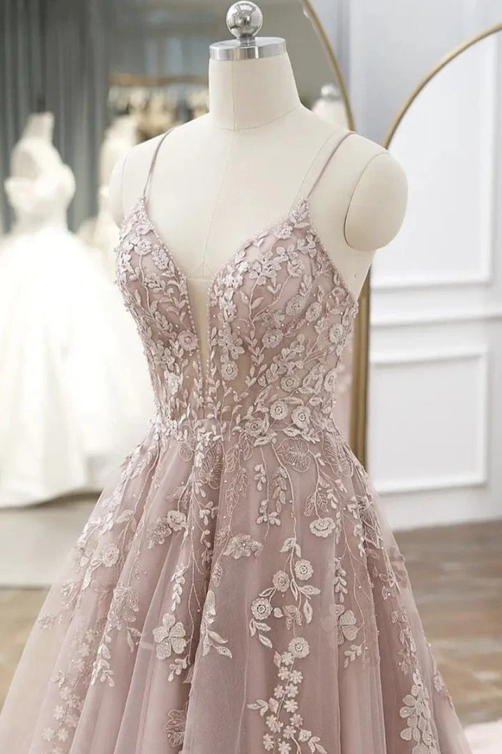 Vestidos de fiesta de tul con apliques, corte A/princesa, sin mangas, escote en V y largo hasta el suelo 