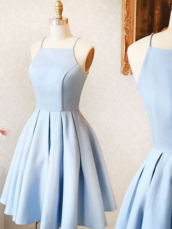 A-Line Princess stretch crepe homecoming dress with ruffles and spaghetti straps.