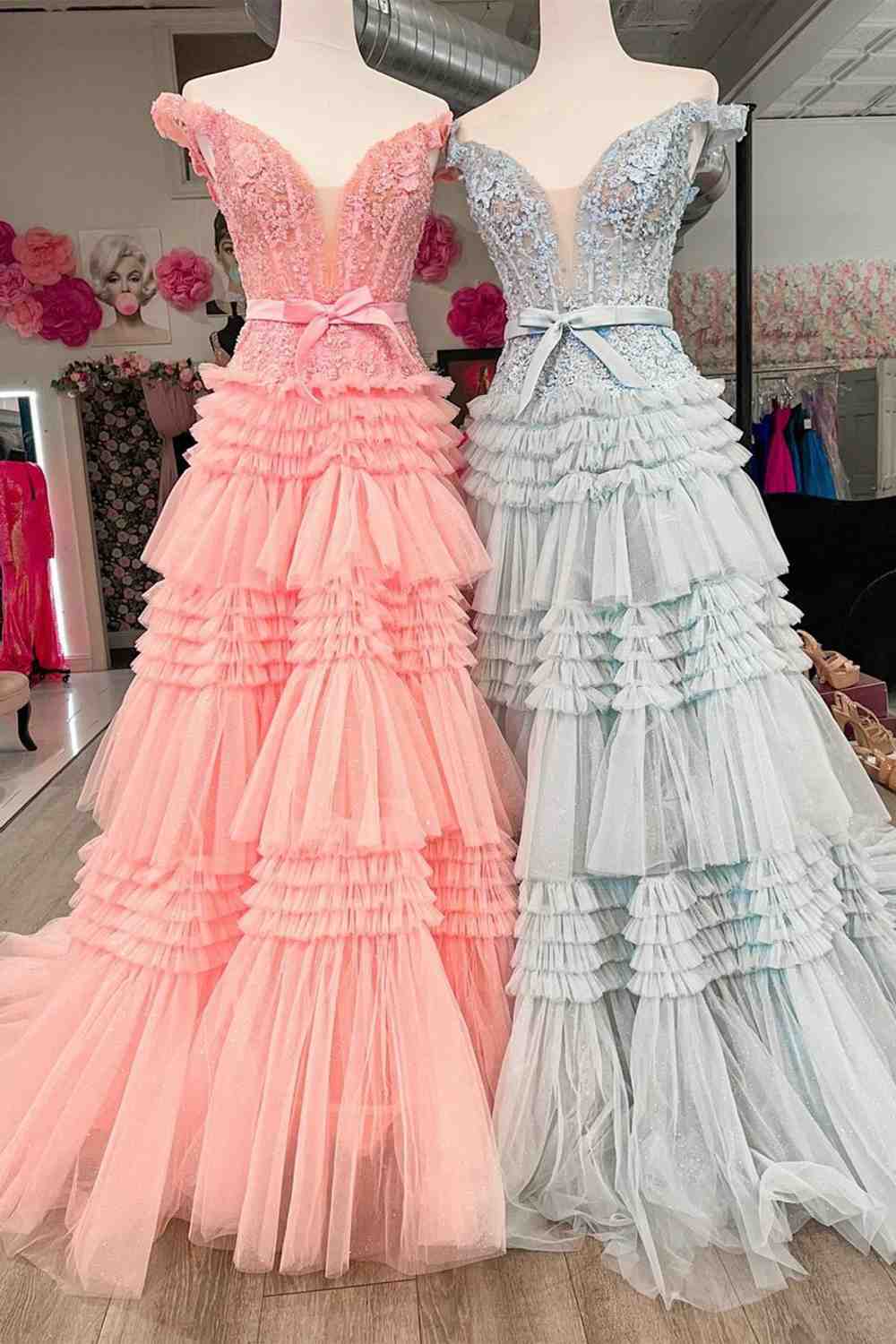 A-Line Princess Tulle Off-the-Shoulder Tiered Prom Dresses
