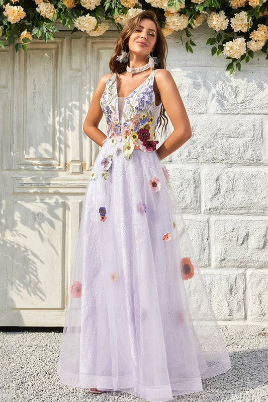 Vestidos de fiesta de tul con flores, escote en V, sin mangas y hasta el suelo 