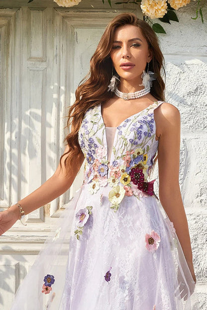 Vestidos de fiesta de tul con flores, escote en V, sin mangas y hasta el suelo 