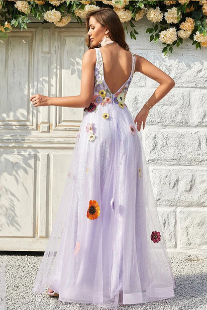Vestidos de fiesta de tul con flores, escote en V, sin mangas y hasta el suelo 