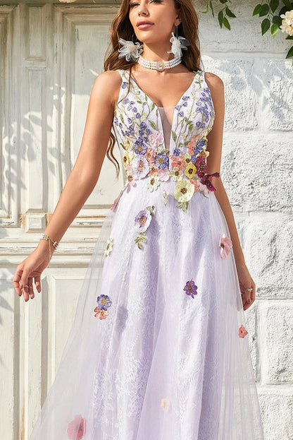 Vestidos de fiesta de tul con flores, escote en V, sin mangas y hasta el suelo 