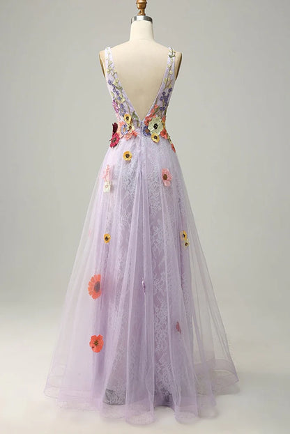 Vestidos de fiesta de tul con flores, escote en V, sin mangas y hasta el suelo 