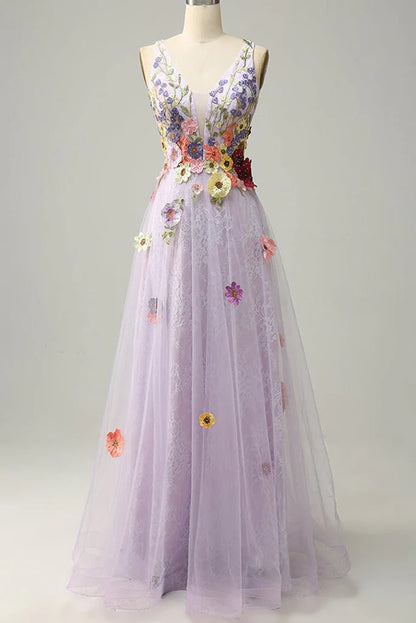 Vestidos de fiesta de tul con flores, escote en V, sin mangas y hasta el suelo 
