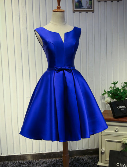 A-Line satin homecoming dress with jewel neck and butterfly detail.