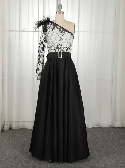 A Line Satin One Shoulder Long Sleeves Split Pockets Prom Dresses With Applique