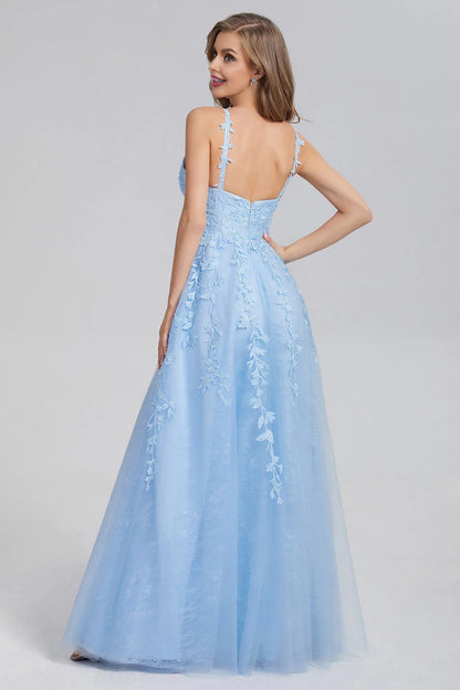 A Line Spaghetti Straps Blue Prom Dresses V Neck Lace Appliques Evening Dresses