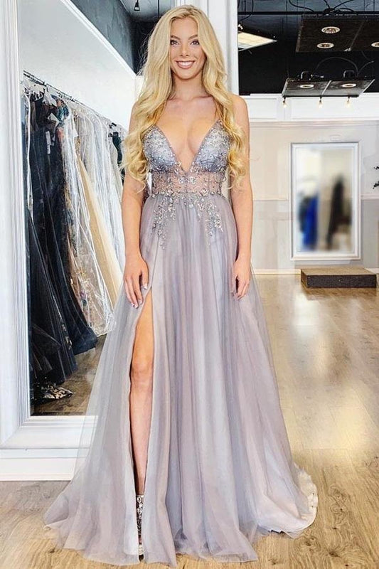 Vestidos de fiesta de tul con cuentas, escote en V profundo y tirantes finos en forma de A con abertura alta