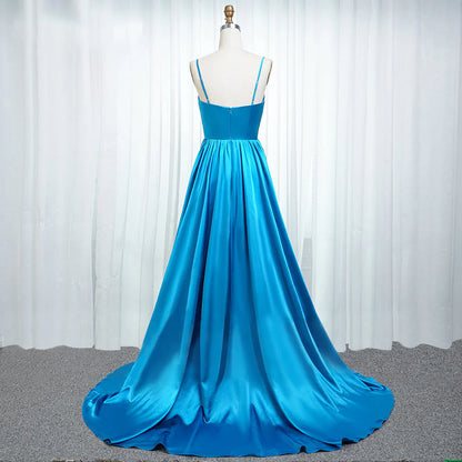 Vestidos de fiesta de satén elástico con tirantes finos, corte A, abertura y volantes 