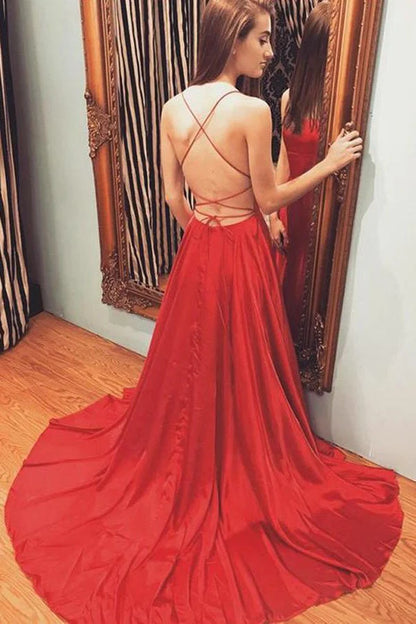 Vestidos de fiesta largos, económicos, con corte en A, tirantes finos, rojos, sexys, con abertura lateral, vestidos de noche impresionantes. 