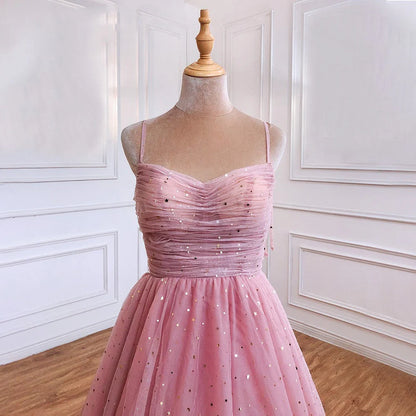Vestidos de fiesta largos de tul con tirantes finos y corte A con lentejuelas rosas, vestidos de noche formales 