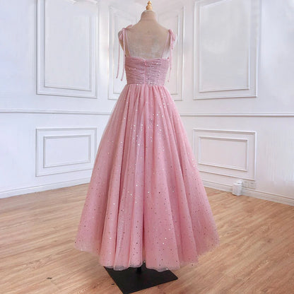 Vestidos de fiesta largos de tul con tirantes finos y corte A con lentejuelas rosas, vestidos de noche formales 