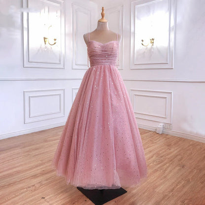 Vestidos de fiesta largos de tul con tirantes finos y corte A con lentejuelas rosas, vestidos de noche formales 