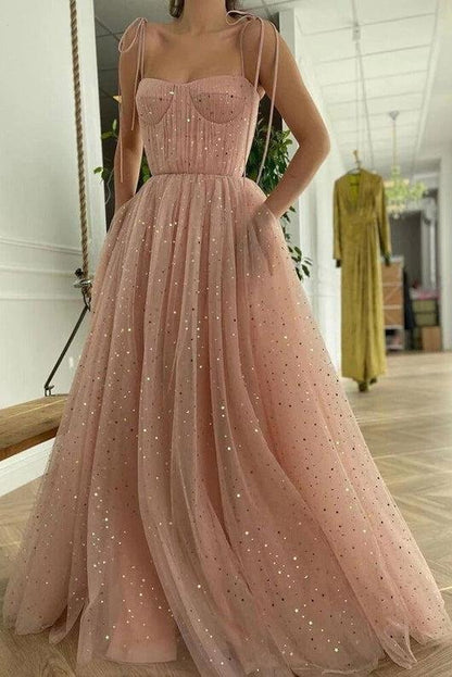 Vestidos de fiesta largos de tul con tirantes finos y corte A con lentejuelas rosas, vestidos de noche formales 