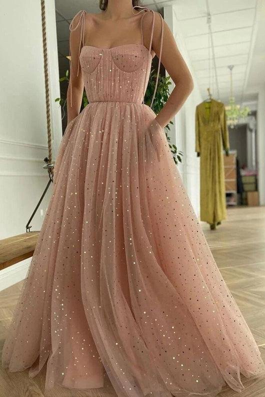 Vestidos de fiesta largos de tul con tirantes finos y corte A con lentejuelas rosas, vestidos de noche formales 