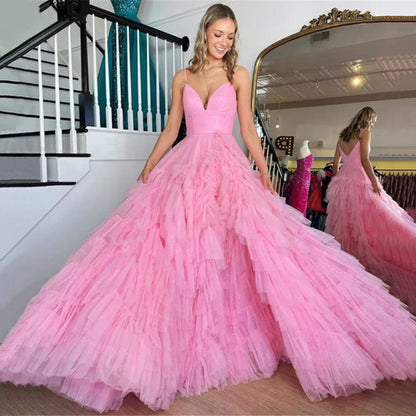 A-Line Spaghetti Straps Tulle Tiered Princecss Prom Dress