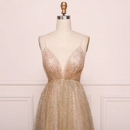 Vestidos de fiesta con escote en V, tirantes finos y espalda descubierta, largos y brillantes 
