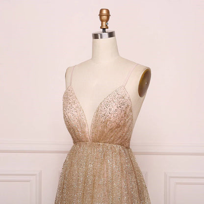 Vestidos de fiesta con escote en V, tirantes finos y espalda descubierta, largos y brillantes 