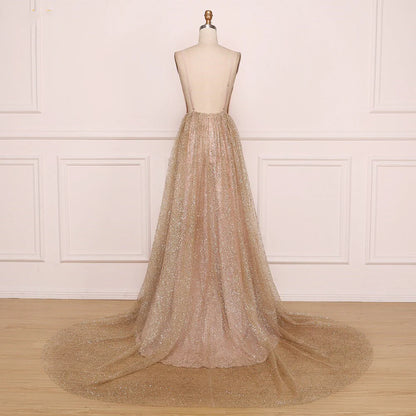 Vestidos de fiesta con escote en V, tirantes finos y espalda descubierta, largos y brillantes 