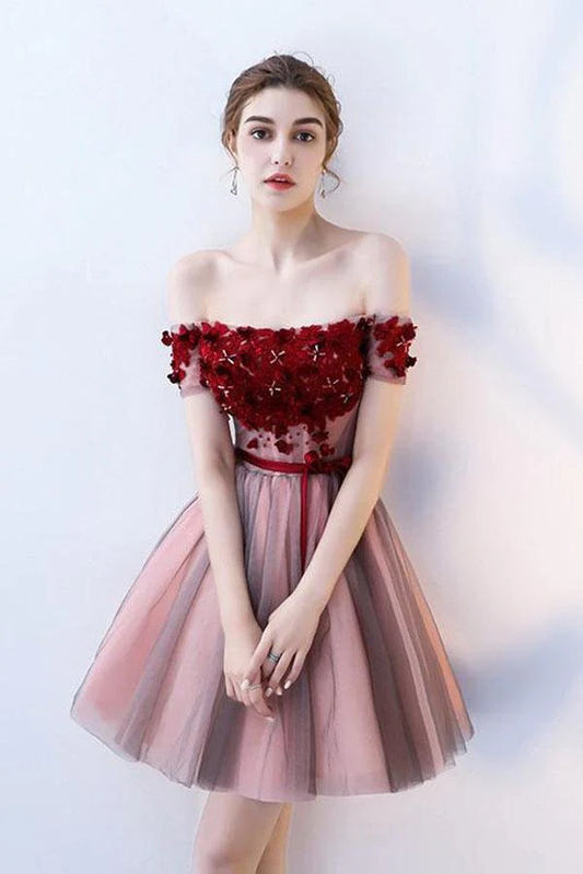 Vestidos de fiesta cortos de tul con cordones y flores rojas, sin tirantes, con hombros descubiertos 