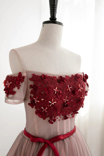 Vestidos de fiesta cortos de tul con cordones y flores rojas, sin tirantes, con hombros descubiertos 
