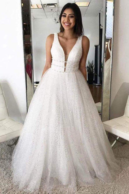 A Line Straps Deep V Neck Ball Gown Prom Dresses Open Back Evening Dresses