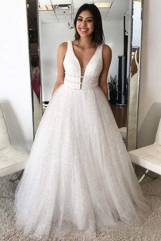 A Line Straps Deep V Neck Ball Gown Prom Dresses Open Back Evening Dresses