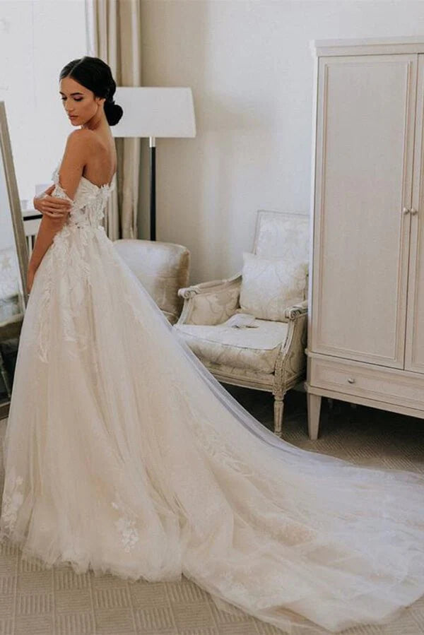 Vestidos de novia económicos de tul con escote en forma de corazón, mangas cortas y apliques 